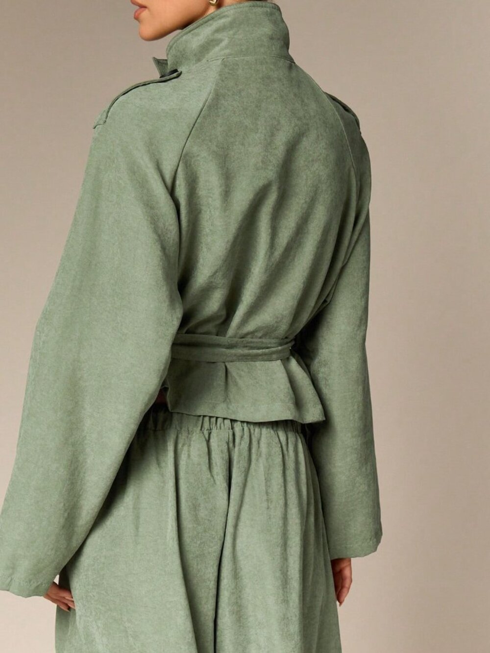 Green Elegant Women's Funnel Neck Belted Raglan Oversized Trench Coat - Picture 2 of 6